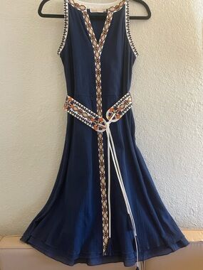 Tory Burch Navy Savannah Linen/Cotton Embroidered trim Mid Dress